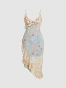 SHEIN X Tarsha Whitmore SHEIN MOD Floral Print Ruffle Trim Asymmetrical Hem Cami Dress