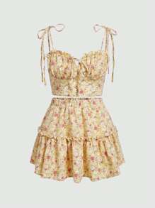 SHEIN MOD Floral Print Tie Shoulder Cami Top & Frill Trim Skirt - Multicolor - View 1