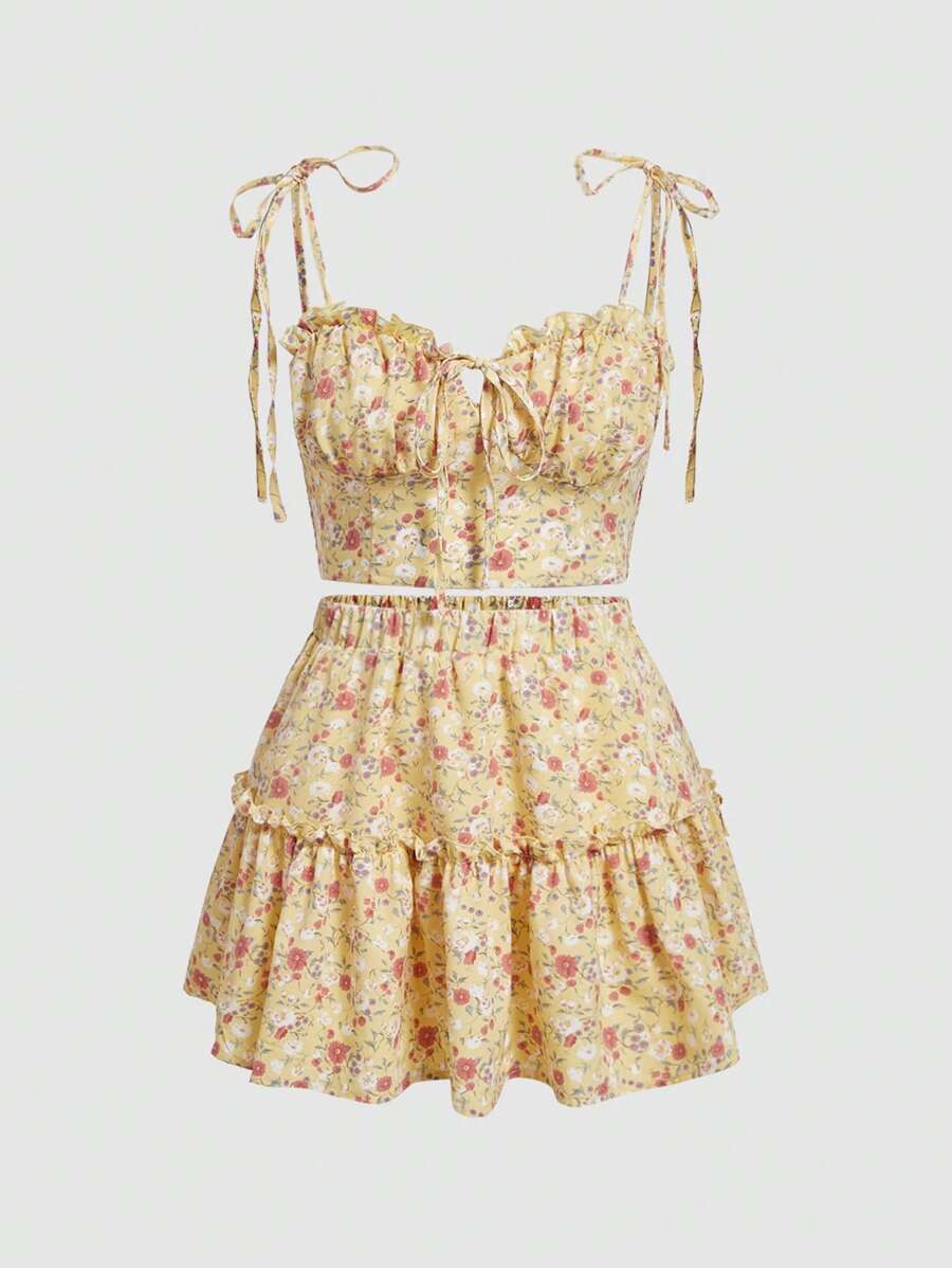 SHEIN MOD Floral Print Tie Shoulder Cami Top & Frill Trim Skirt - Multicolor - View 1