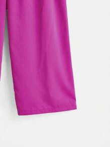 SHEIN Clasi Bộ thời trang Plus Size Nút viền lá sen màu trơn Giải trí - Màu Hồng Tươi - Xem 5