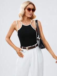 SHEIN Essnce 撞色滾邊背心上衣 - 黑色 - 查看 1