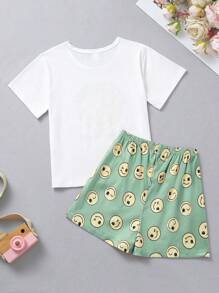 少女卡通印花短袖T恤和短裤家居服套装 - 綠色 - 查看 2