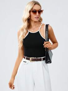 SHEIN Essnce 撞色滾邊背心上衣 - 黑色 - 查看 5