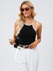 SHEIN Essnce 撞色滾邊背心上衣 - 黑色 - 查看 6