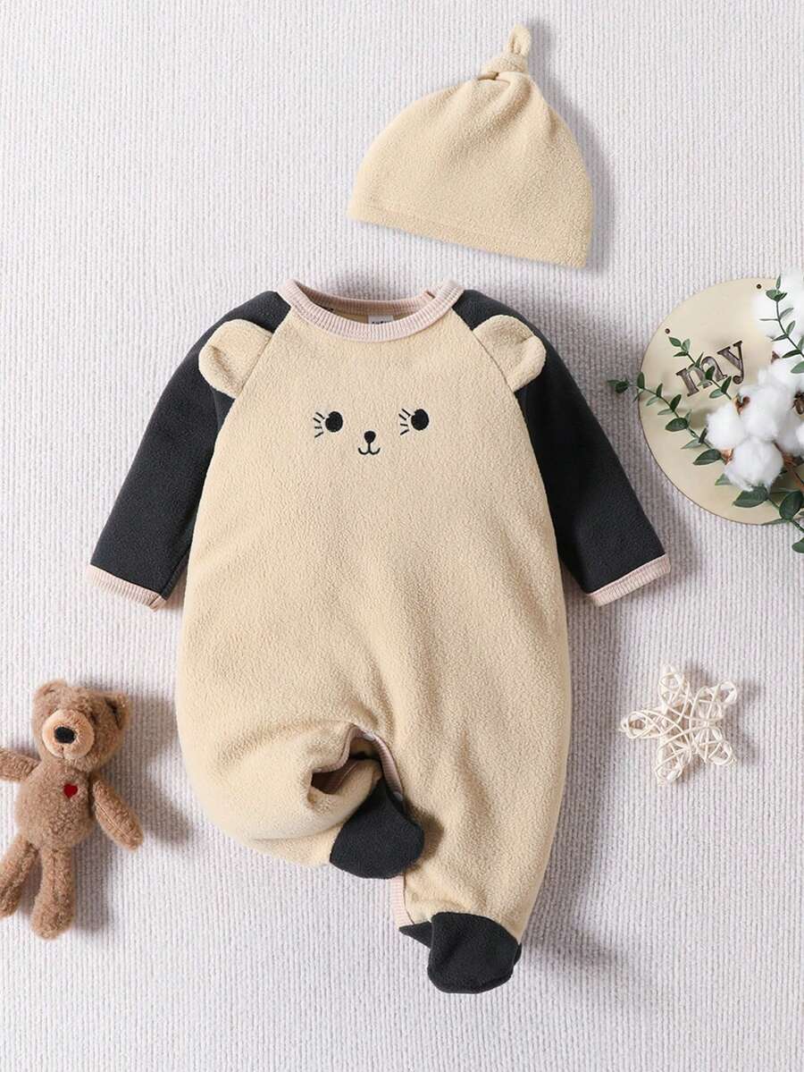 Baby Boy Cartoon Embroidery Raglan Sleeve Footed Jumpsuit - Apricot - View 1