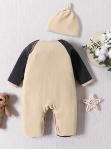 Baby Boy Cartoon Embroidery Raglan Sleeve Footed Jumpsuit - Apricot - View 2