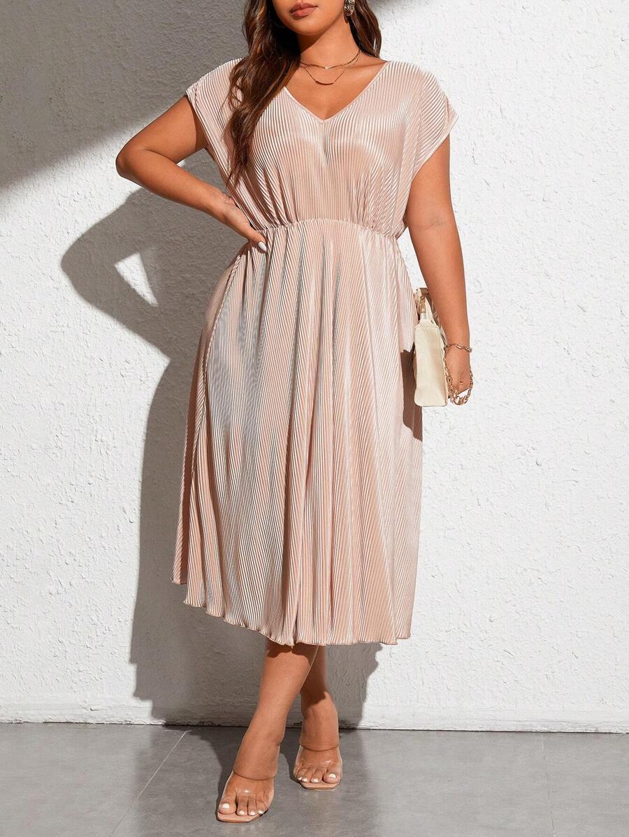 SHEIN Frenchy 大碼蝙蝠袖百褶下擺連衣裙 - 杏色 - 查看 1