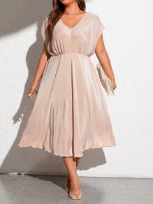 SHEIN Frenchy 大碼蝙蝠袖百褶下擺連衣裙 - 杏色 - 查看 6