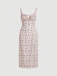 SHEIN MOD Đầm Dây kéo Tách cao Thắt nơ trước Nếp gấp Phần Ngực Họa tiết hoa Boho - Nhiều màu - Xem 1