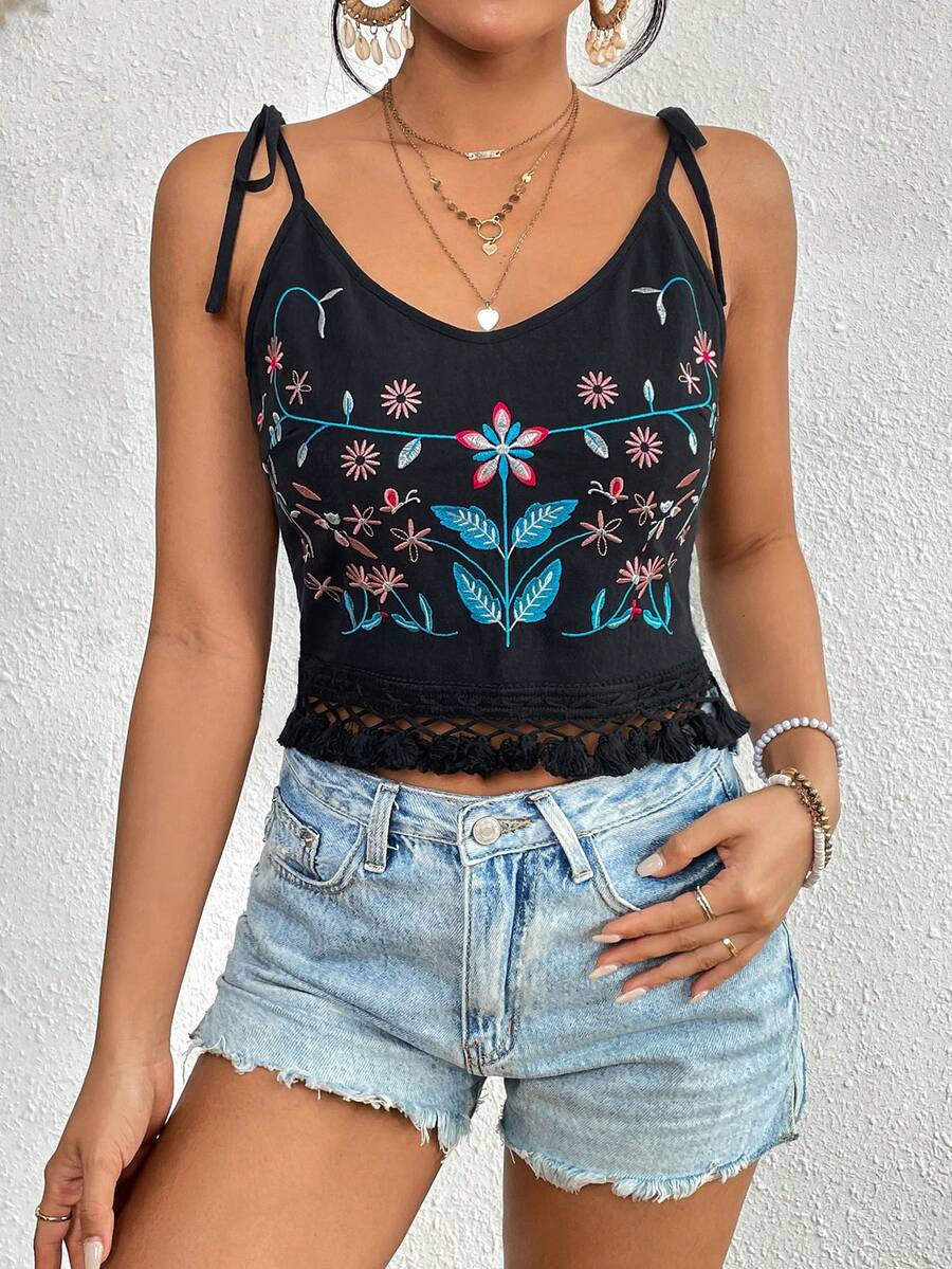 SHEIN VCAY Floral Print Contrast Lace Cami Top - Black - View 1