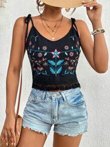 SHEIN VCAY Floral Print Contrast Lace Cami Top - Black - View 3