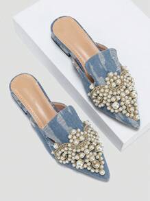 女士人造珍珠和水鑽裝飾破洞細節尖頭平底鞋,時尚牛仔穆勒平底鞋適合派對 - 藍色 - 查看 1