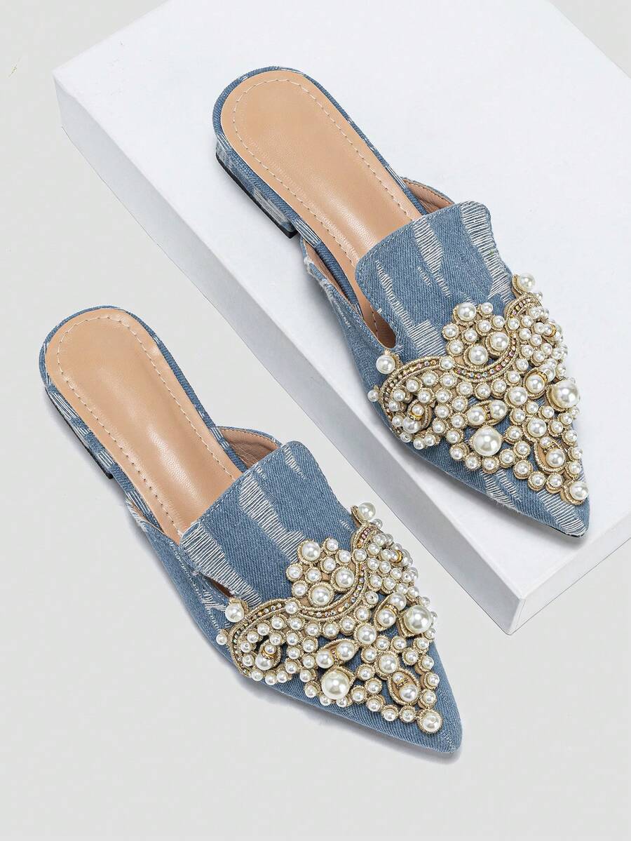女士人造珍珠和水鑽裝飾破洞細節尖頭平底鞋,時尚牛仔穆勒平底鞋適合派對 - 藍色 - 查看 1