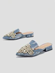 女士人造珍珠和水鑽裝飾破洞細節尖頭平底鞋,時尚牛仔穆勒平底鞋適合派對 - 藍色 - 查看 2
