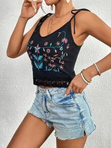 SHEIN VCAY Floral Print Contrast Lace Cami Top - Black - View 4