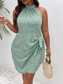 SHEIN Frenchy Talla grande Vestido halter con estampado con nudo lateral cruzado - verde menta - Ver 1