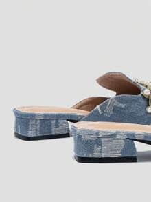 女士人造珍珠和水鑽裝飾破洞細節尖頭平底鞋,時尚牛仔穆勒平底鞋適合派對 - 藍色 - 查看 5