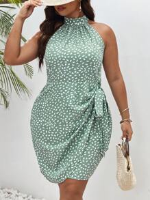 SHEIN Frenchy Talla grande Vestido halter con estampado con nudo lateral cruzado - verde menta - Ver 3