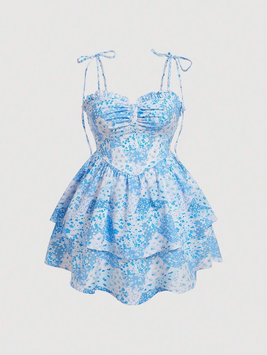 SHEIN MOD 大碼碎花胸部褶皺肩上打結二層下擺吊帶連衣裙 - 藍色 - 查看 1