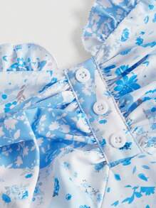 SHEIN MOD 大碼碎花胸部褶皺肩上打結二層下擺吊帶連衣裙 - 藍色 - 查看 3