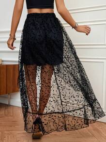 SHEIN Privé Hem cao thấp Lớp phủ lưới Váy - màu đen - Xem 2