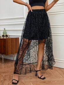 SHEIN Privé Hem cao thấp Lớp phủ lưới Váy - màu đen - Xem 3