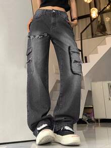 Jeans para mujer Botón Bolsillo Dobladillo sin costuras Cremallera Liso - Gris Oscuro - Ver 4