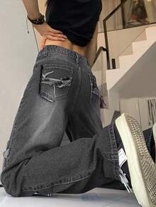 Jeans para mujer Botón Bolsillo Dobladillo sin costuras Cremallera Liso - Gris Oscuro - Ver 5