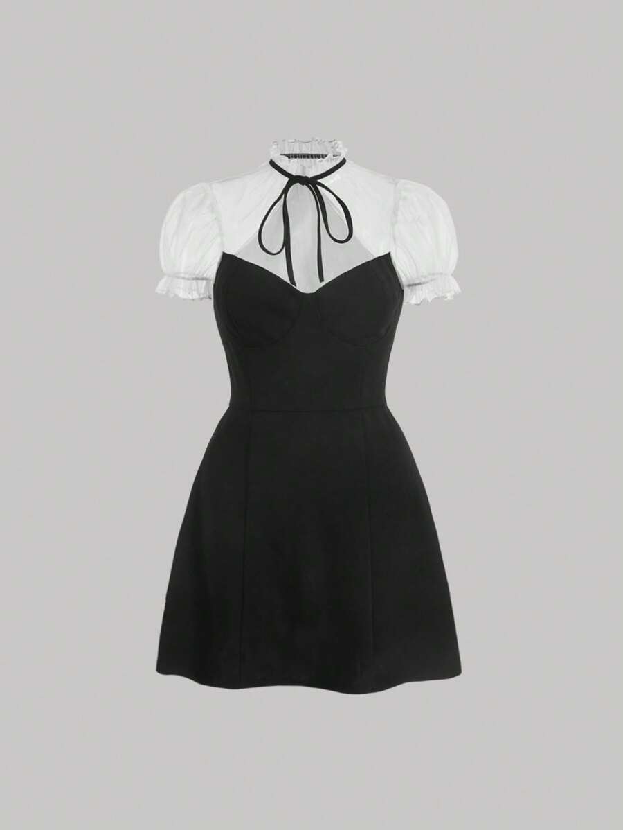 SHEIN MOD Đầm viền lá sen Thắt nút Khối Màu Thanh lịch - Đen và trắng - Xem 1