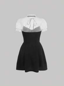 SHEIN MOD Đầm viền lá sen Thắt nút Khối Màu Thanh lịch - Đen và trắng - Xem 2