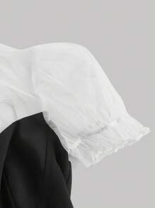 SHEIN MOD Đầm viền lá sen Thắt nút Khối Màu Thanh lịch - Đen và trắng - Xem 4