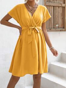 SHEIN 孕婦交疊領蝙蝠袖繫腰帶洋裝 - 黃色 - 查看 3