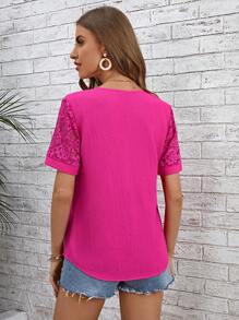 SHEIN LUNE Contrast Lace Notched Neckline Blouse - Hot Pink - View 2