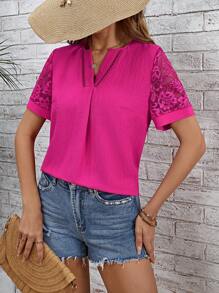 SHEIN LUNE Contrast Lace Notched Neckline Blouse - Hot Pink - View 3