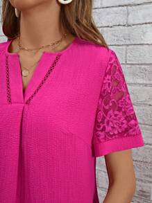 SHEIN LUNE Contrast Lace Notched Neckline Blouse - Hot Pink - View 4