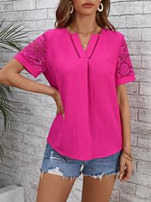 SHEIN LUNE Contrast Lace Notched Neckline Blouse - Hot Pink - View 5