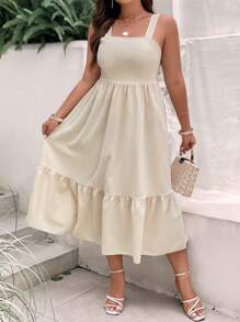 SHEIN Clasi Talla grande Vestido de tirantes bajo con fruncido - Albaricoque - Ver 1