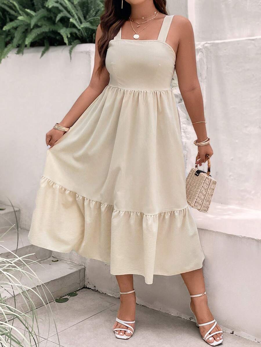 SHEIN Clasi Talla grande Vestido de tirantes bajo con fruncido - Albaricoque - Ver 1