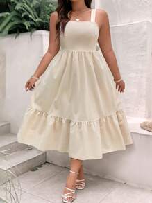 SHEIN Clasi Talla grande Vestido de tirantes bajo con fruncido - Albaricoque - Ver 4