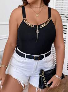 SHEIN Clasi Plus Chain Detail Half Zip Cami Top - Black - View 6
