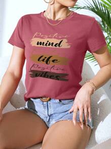 INAWLY Slogan Graphic Tee Positive Mind Positive Life Positive Vibes Graphic Tees Women Tops