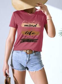 INAWLY Slogan Graphic Tee Positive Mind Positive Life Positive Vibes Graphic Tees Women Tops
