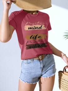 INAWLY Slogan Graphic Tee Positive Mind Positive Life Positive Vibes Graphic Tees Women Tops