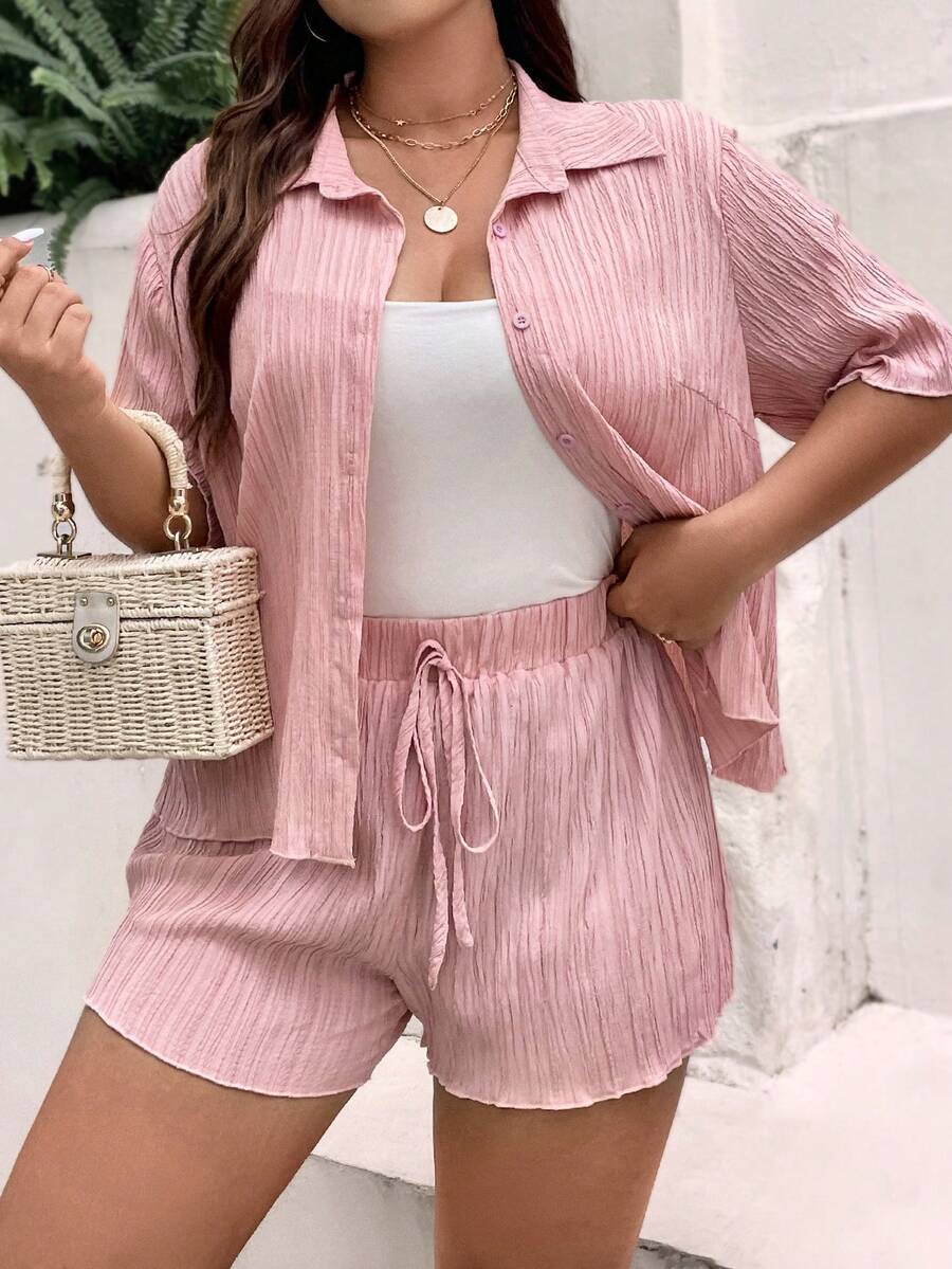 SHEIN Holidaya Bộ thời trang Plus Size Thắt nút Nút phía trước màu trơn Giải trí - Bụi hồng - Xem 1