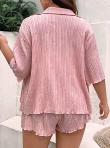 SHEIN Holidaya Bộ thời trang Plus Size Thắt nút Nút phía trước màu trơn Giải trí - Bụi hồng - Xem 2