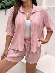 SHEIN Holidaya Bộ thời trang Plus Size Thắt nút Nút phía trước màu trơn Giải trí - Bụi hồng - Xem 3