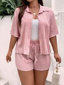 SHEIN Holidaya Bộ thời trang Plus Size Thắt nút Nút phía trước màu trơn Giải trí - Bụi hồng - Xem 4