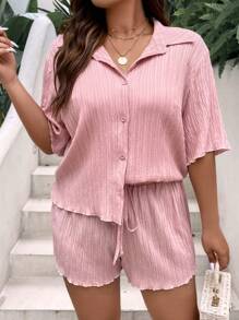SHEIN Holidaya Bộ thời trang Plus Size Thắt nút Nút phía trước màu trơn Giải trí - Bụi hồng - Xem 5