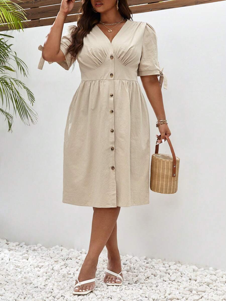 SHEIN Frenchy 大碼打結袖口前排扣洋裝 - 卡其色 - 查看 1