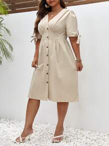 SHEIN Frenchy 大碼打結袖口前排扣洋裝 - 卡其色 - 查看 5